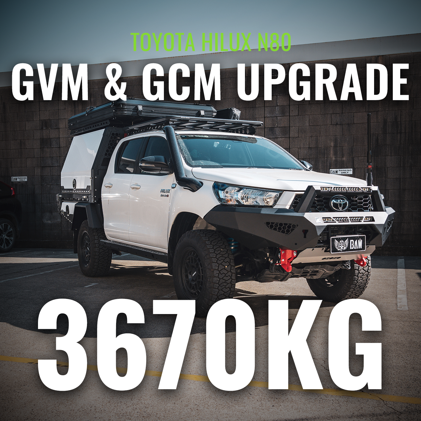`White Toyota Hilux N80 with canopy — GVM GCM upgrade by BAW Automotive Brisbane, Lovells 3670kg GVM