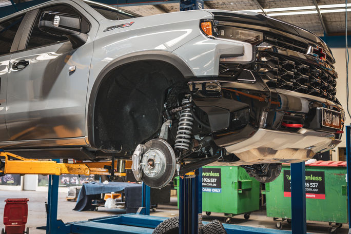 Chevrolet Silverado 1500 ZR2 on workshop hoist at BAW Automotive during Offroad Industries Stage 4 GVM upgrade installation to 4250kg.