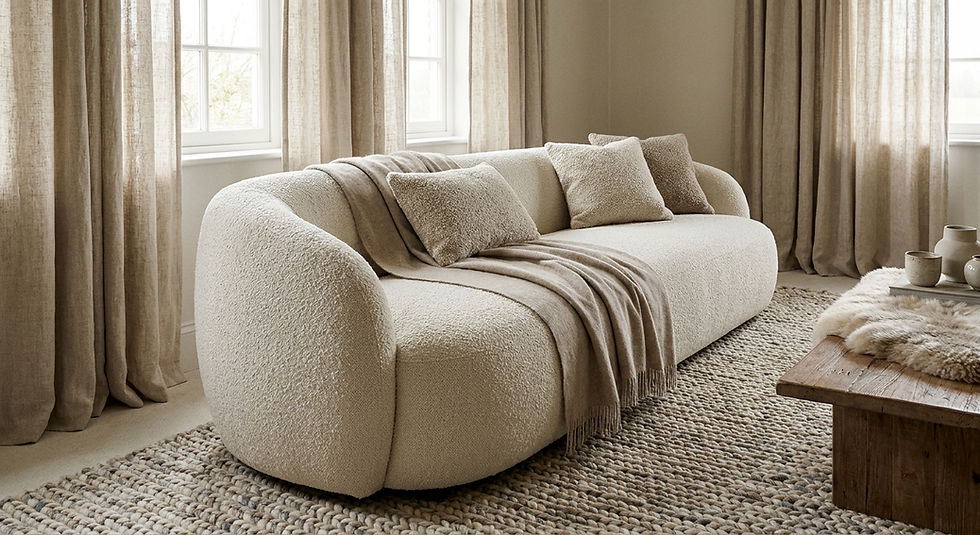 Boucle sofa with linen curtains and a woven rug in a calm neutral interior