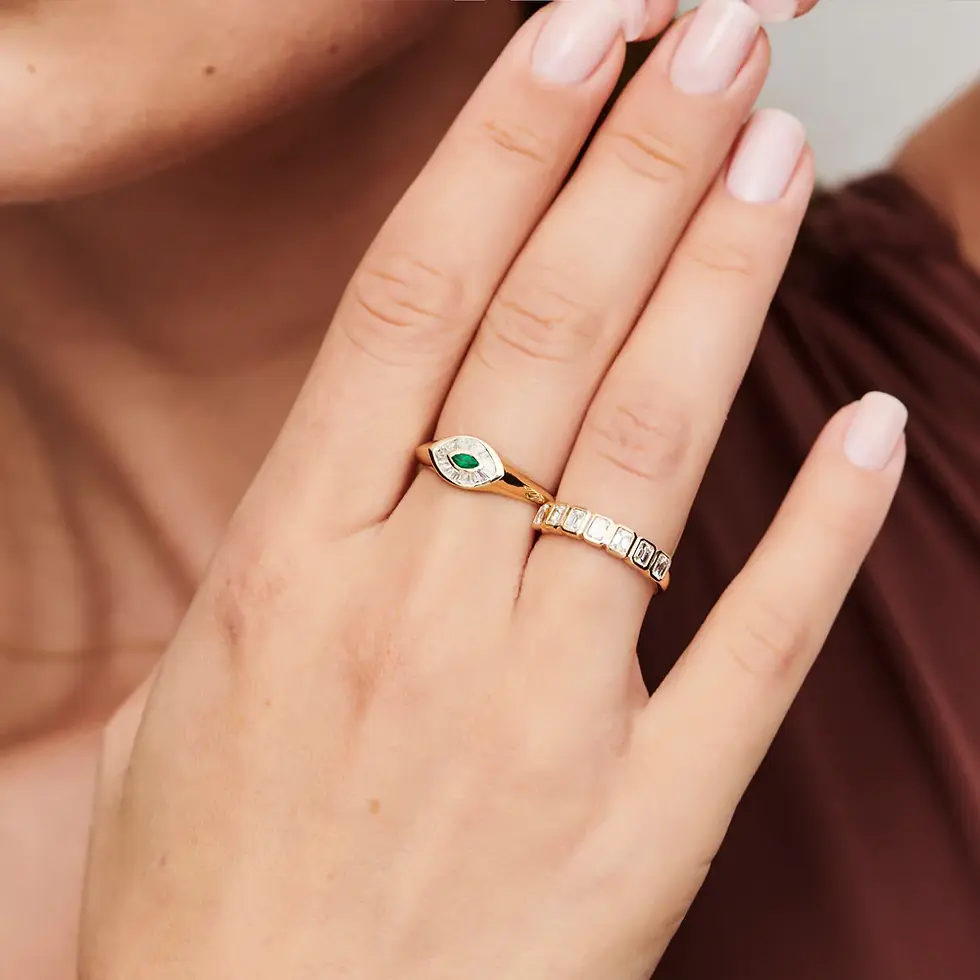 Thumbnail: 18K Solid Gold  Marquise Shaped Emerald and Baguette Diamond Ring