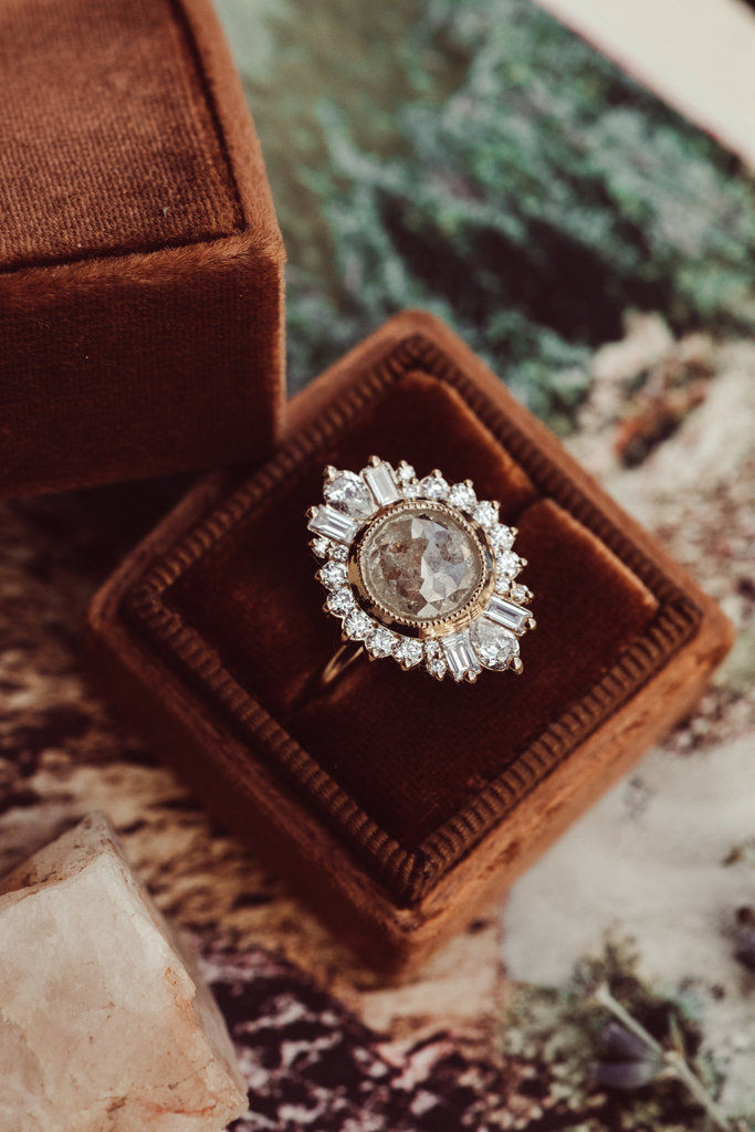 Thumbnail: The Everest  Round Rustic Diamond Halo Ring 14kyg