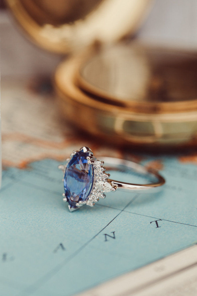 Thumbnail: 2.79 ct Marquise Blue Purple Sapphire with .31 ct Side Stone Ring