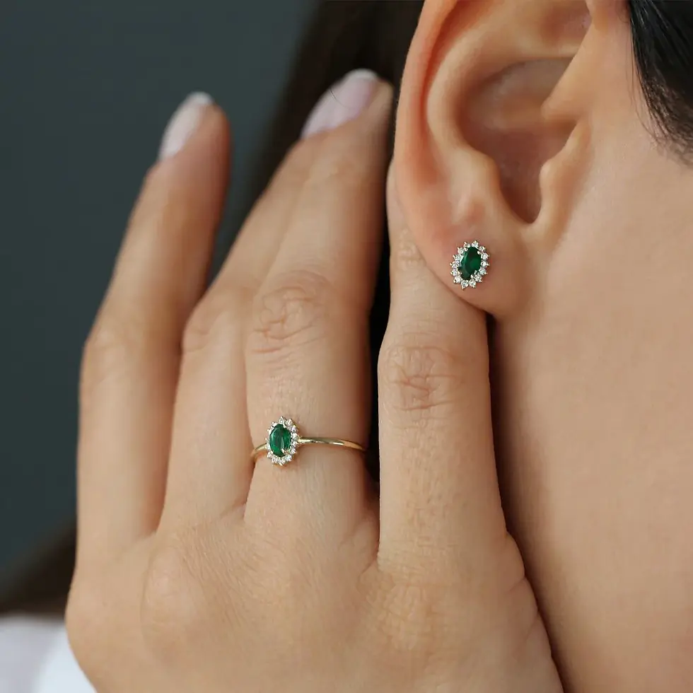 Thumbnail: 14K Solid Gold Emerald Ring with Halo Diamonds Ring