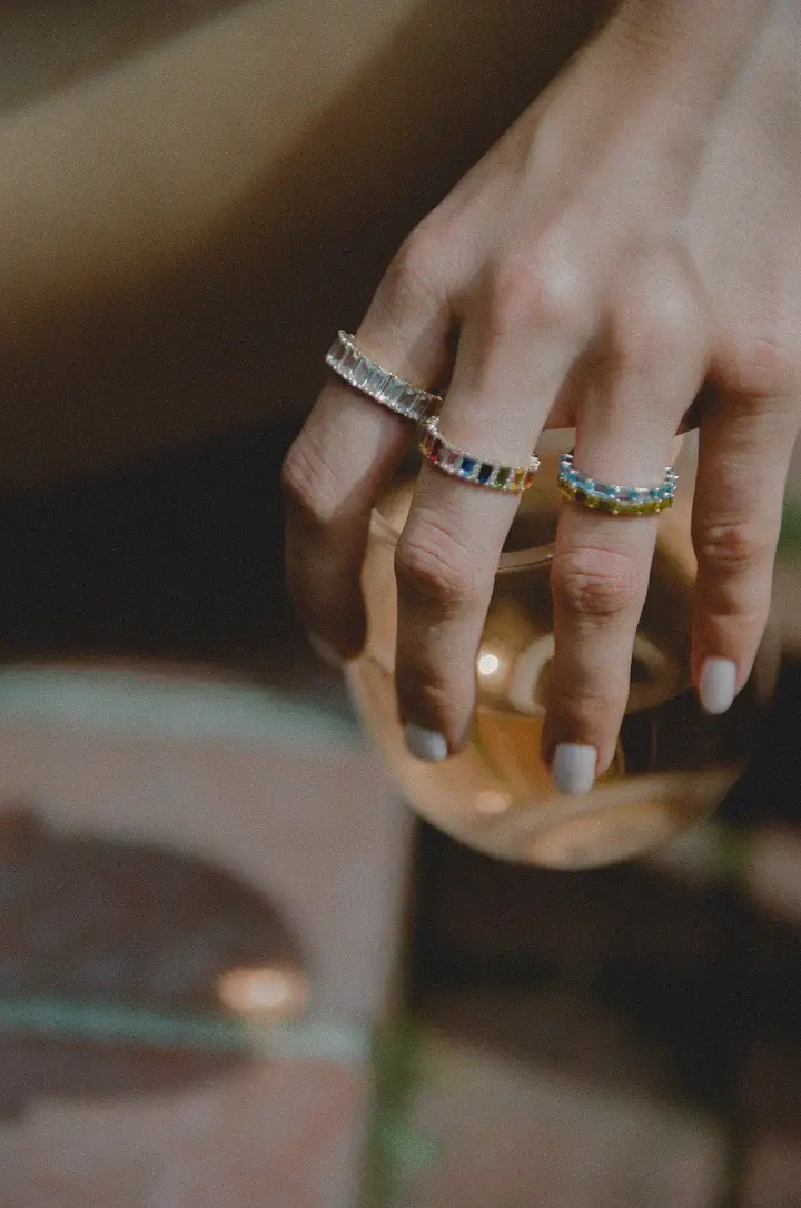 Thumbnail: 18K Solid Gold Blue Topaz And Diamond Baguette Cut Eternity Band