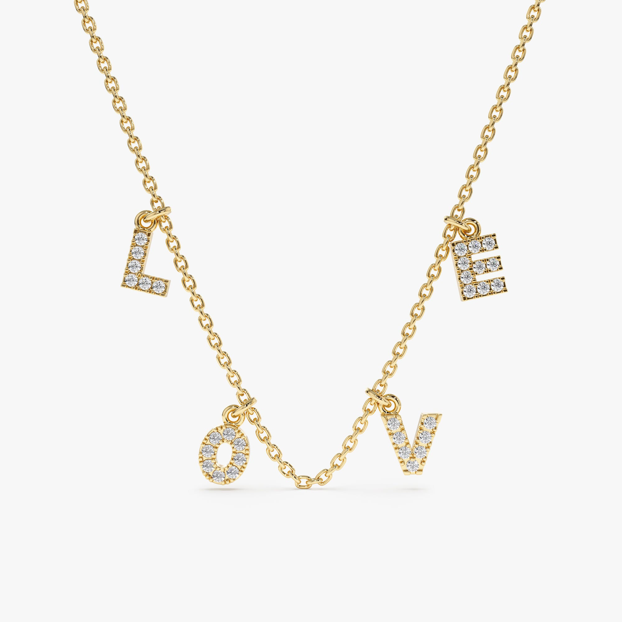 18K Solid Gold LOVE Diamond Charm Necklace