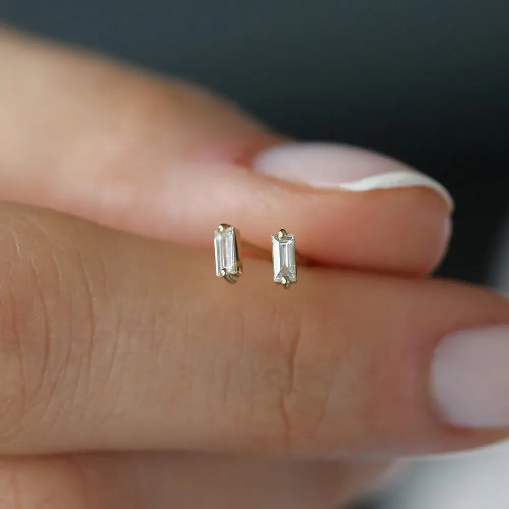 18K Solid Gold Mini Baguette Diamond Studs