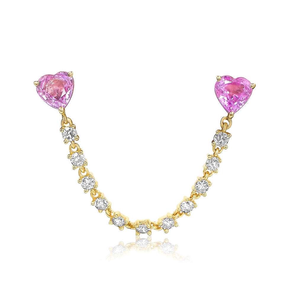 18K Solid Gold Diamond and Pink Sapphire Heart Connecting Earrings