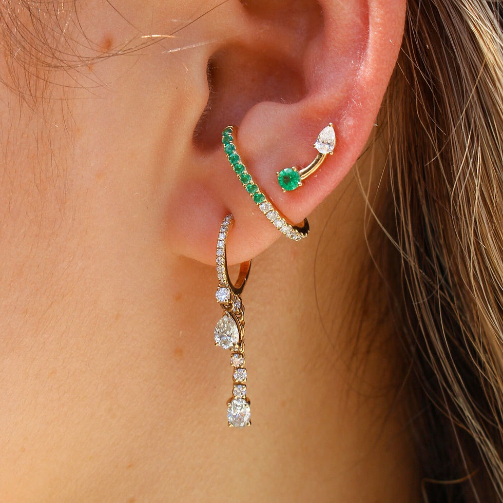 Emerald & Pear Diamond Curve Earrings in 18K Solid Gold