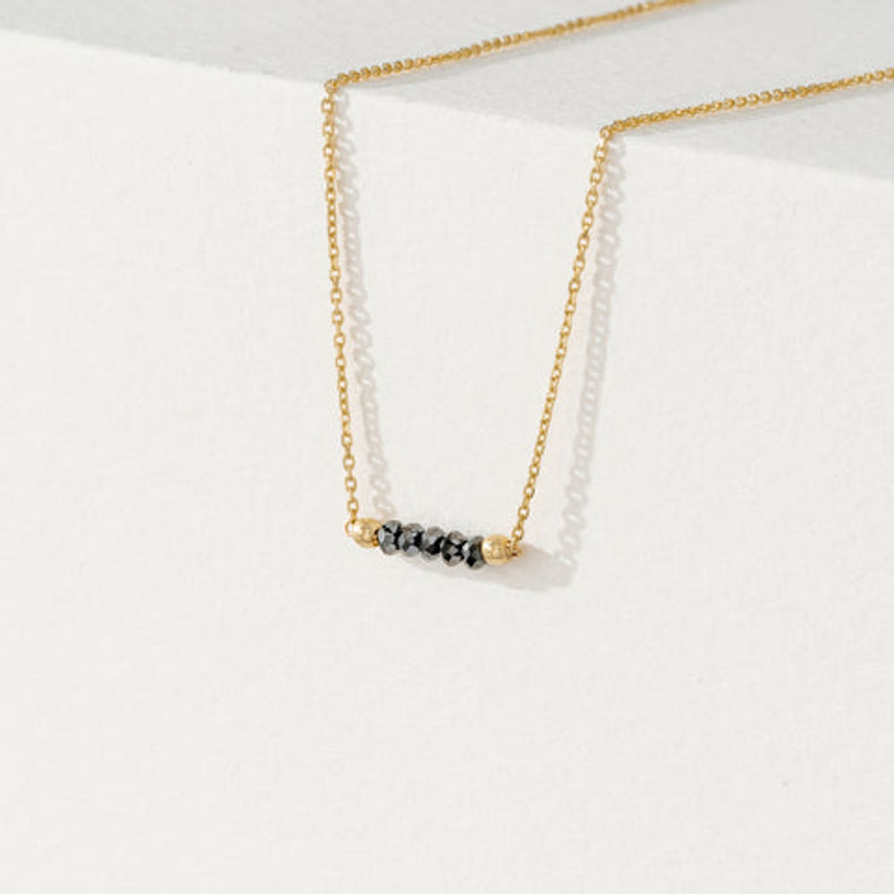 14K Solid Gold Black Diamond Beaded Bar Necklace