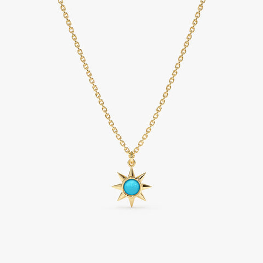 14K Solid Gold Turquoise Sun Necklace