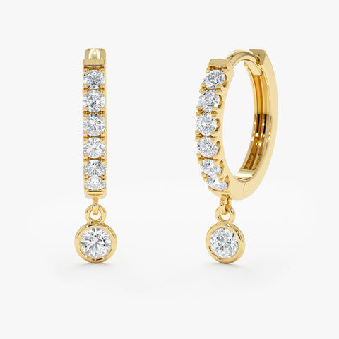 18K Solid Gold Diamond Drop Hoop Earrings