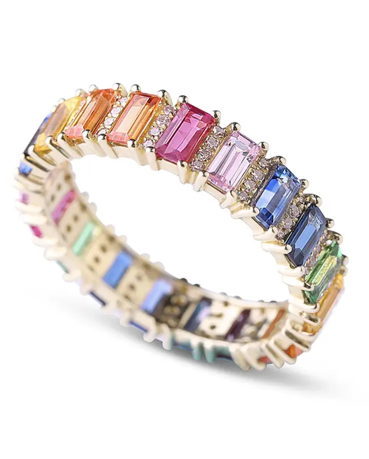 Rainbow Sapphire Emerald Cut With   Diamond Eternity Band