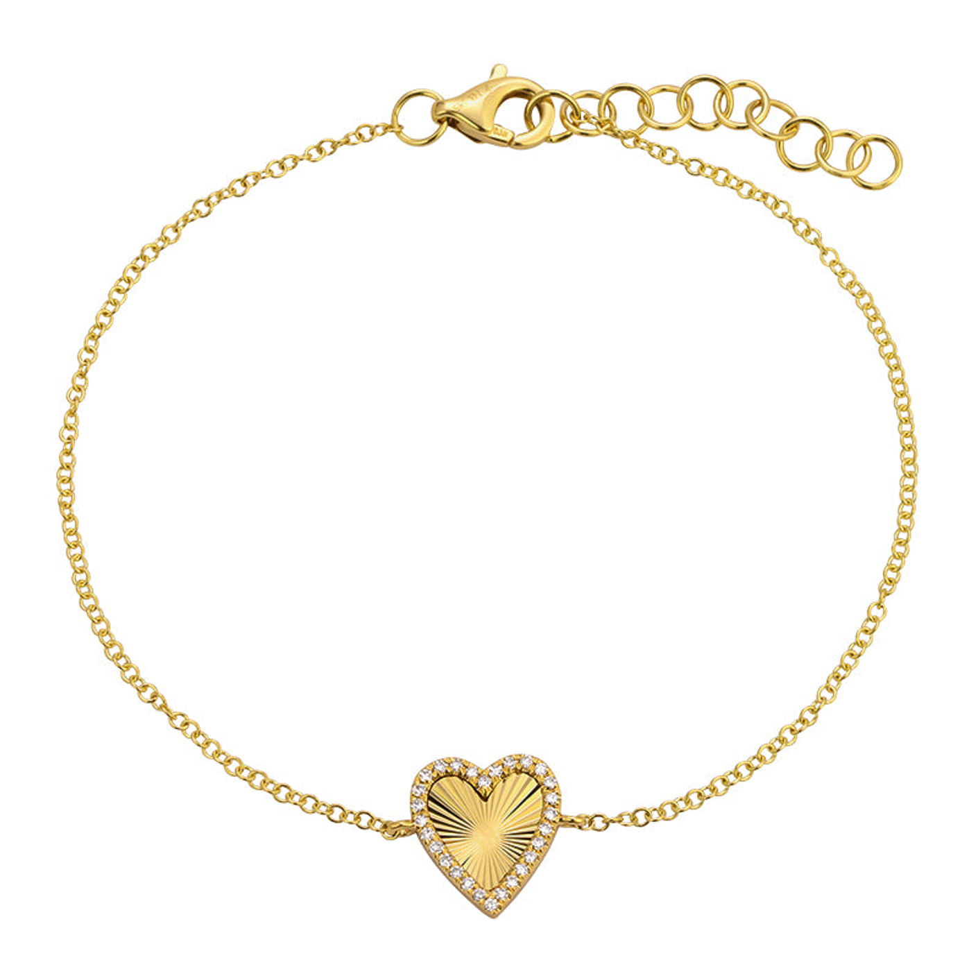 14K Gold Diamond Line Fluted Heart Chain Bracelet