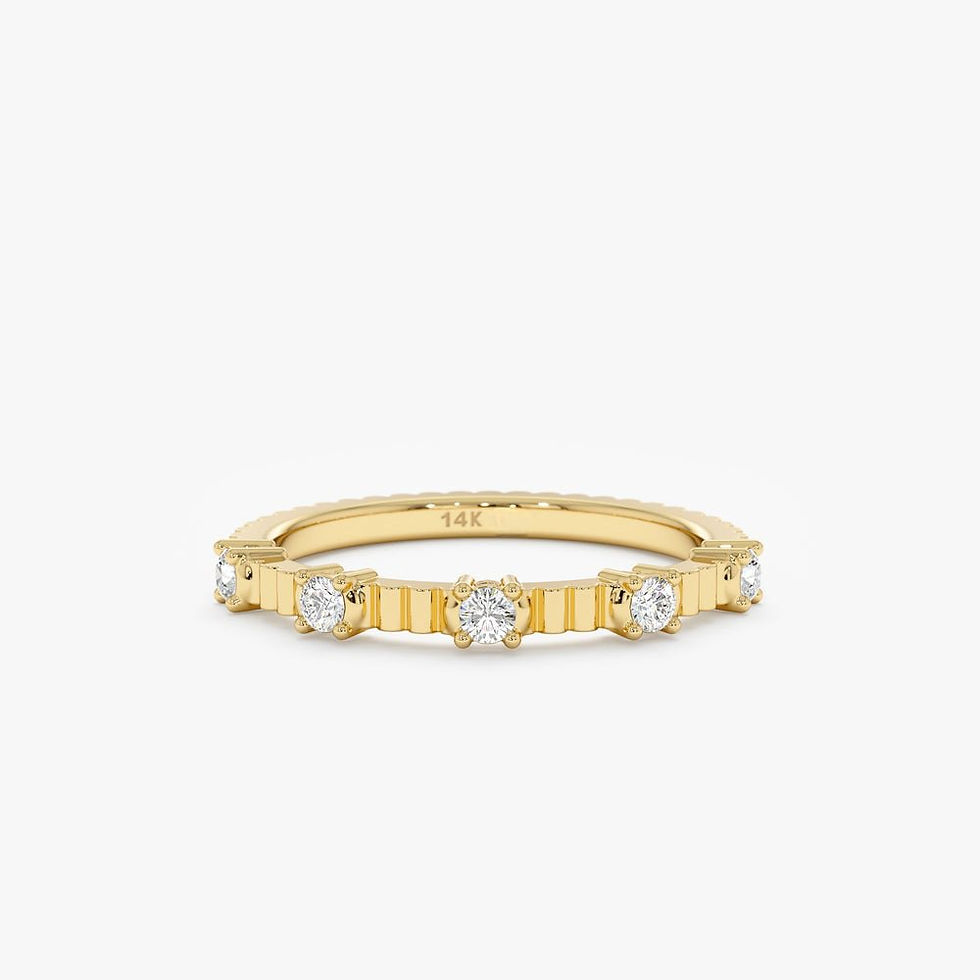 14K Solid Gold Diamond Ribbed Ring
