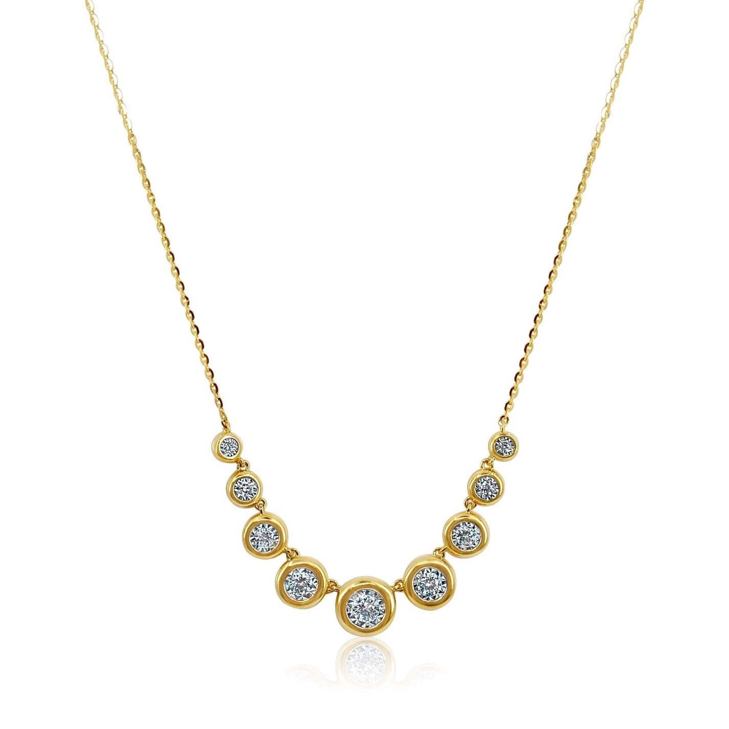 18K Solid Gold Graduated Bezel Round Multi Diamond Necklace