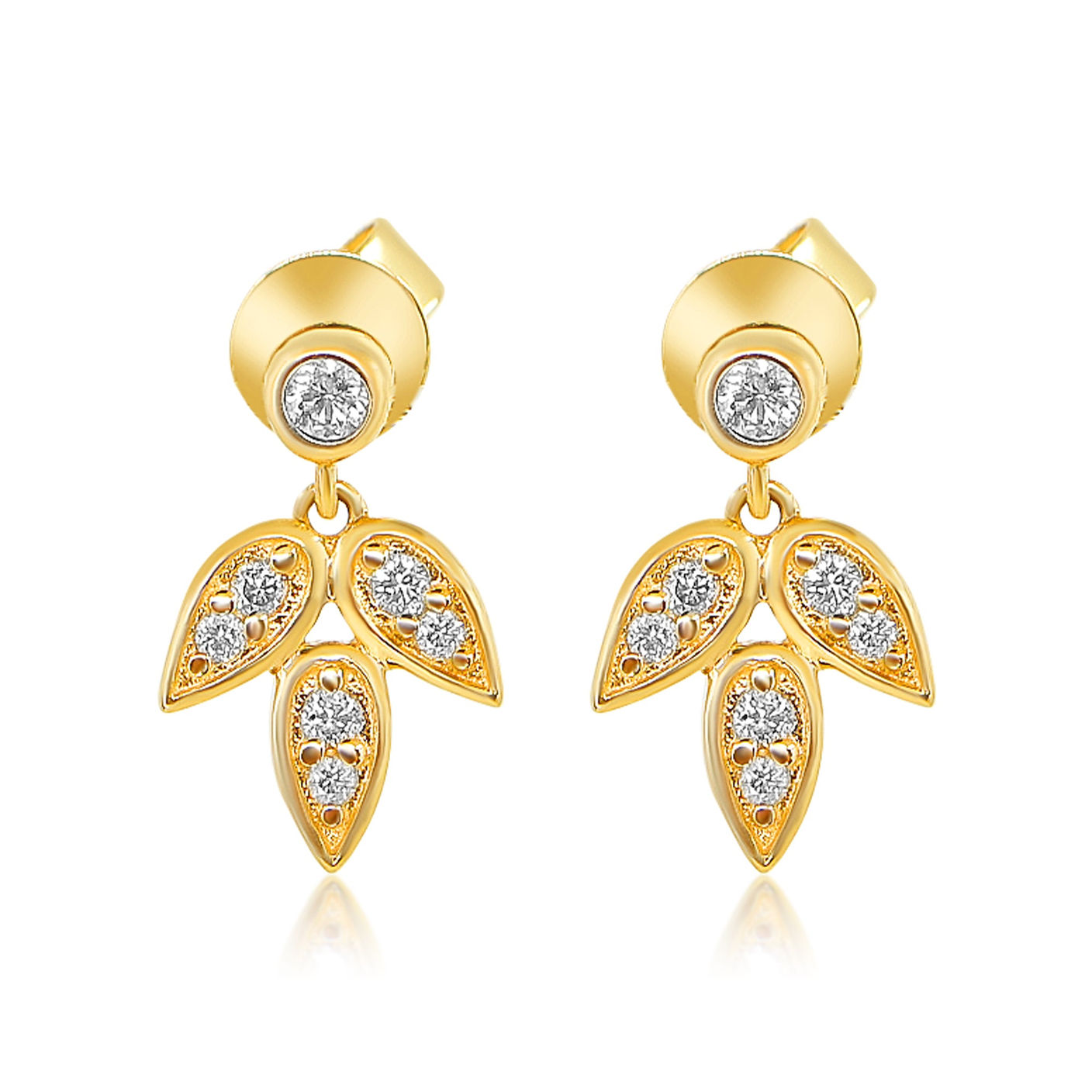 14K Gold Diamond Bezel Leaf Dangling Earring