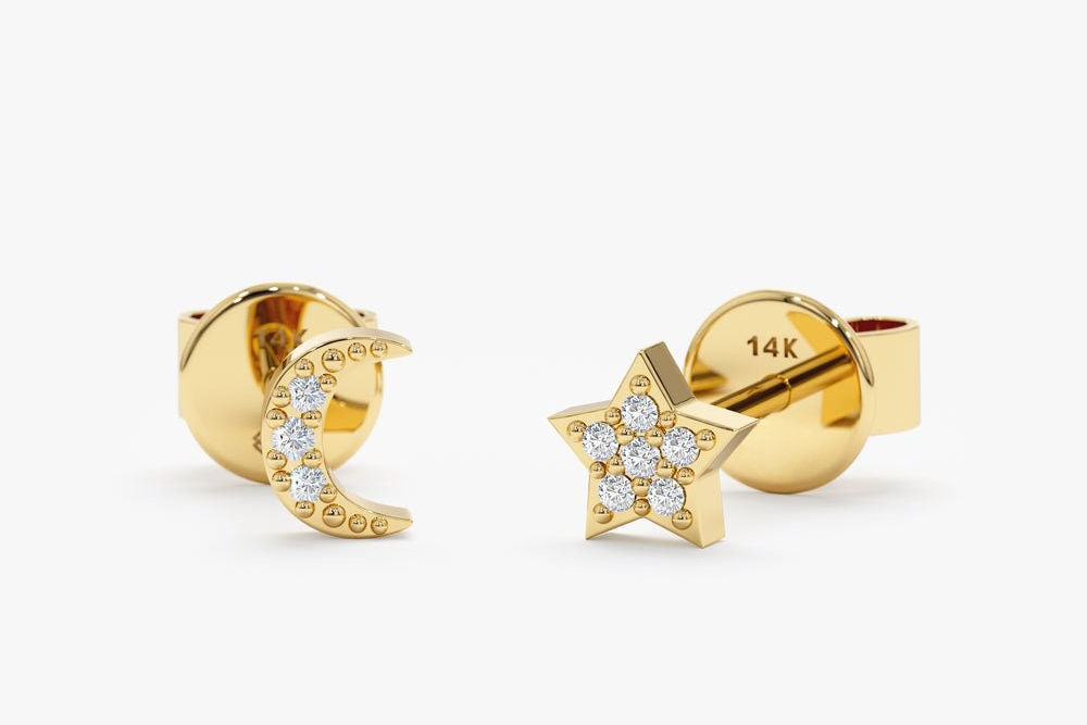 14K Solid Gold Diamond Moon and Star Studs