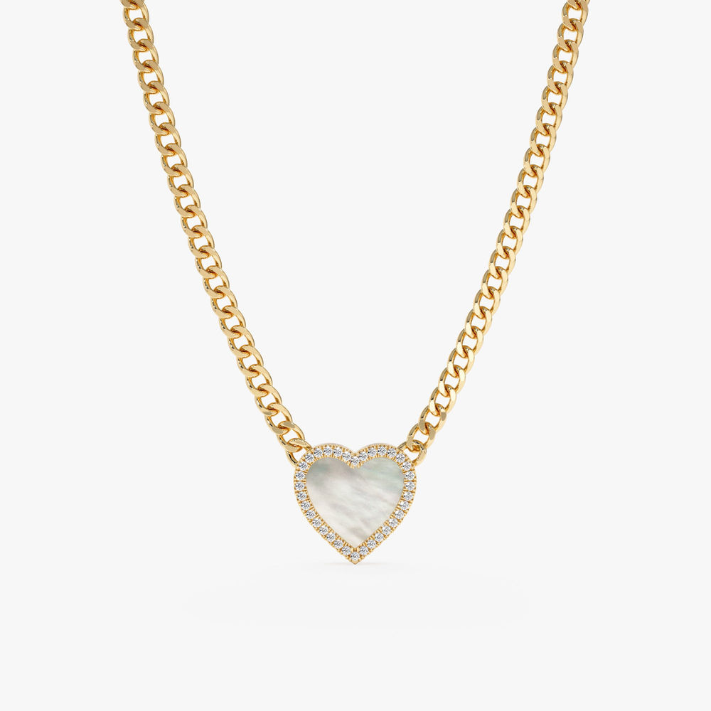 14K Solid Gold Pearl Heart & Diamond Cuban Chain Necklace