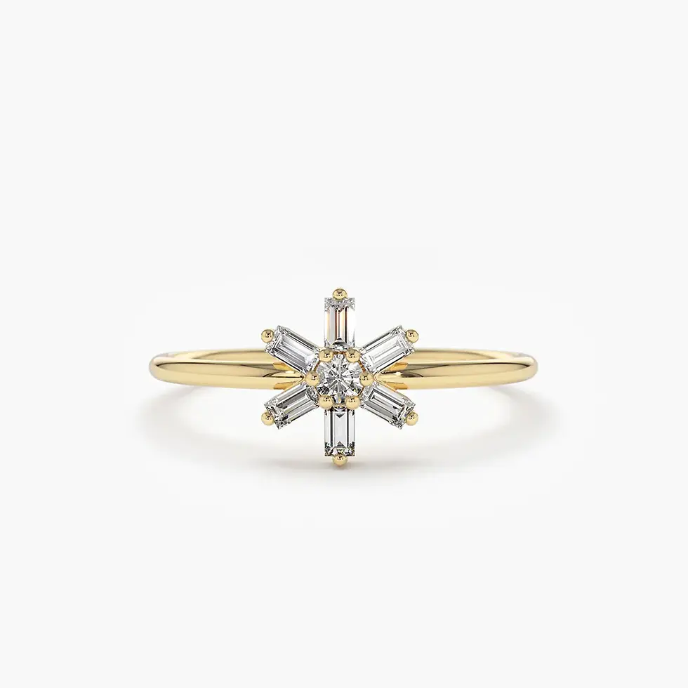 14K Solid Gold  Baguette Diamond Flower Ring