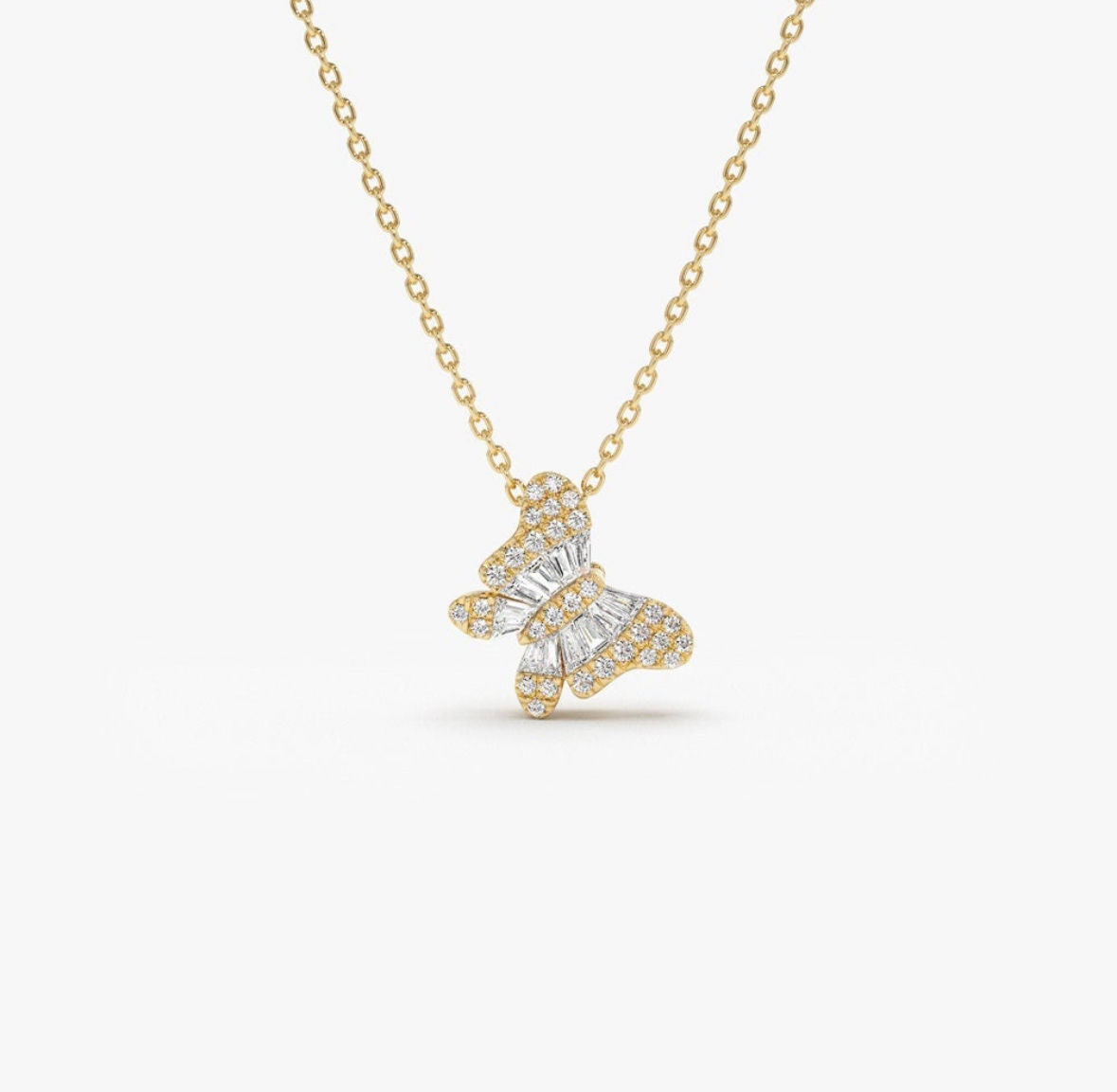 18K Solid Gold Baguette Diamond Butterfly Necklace