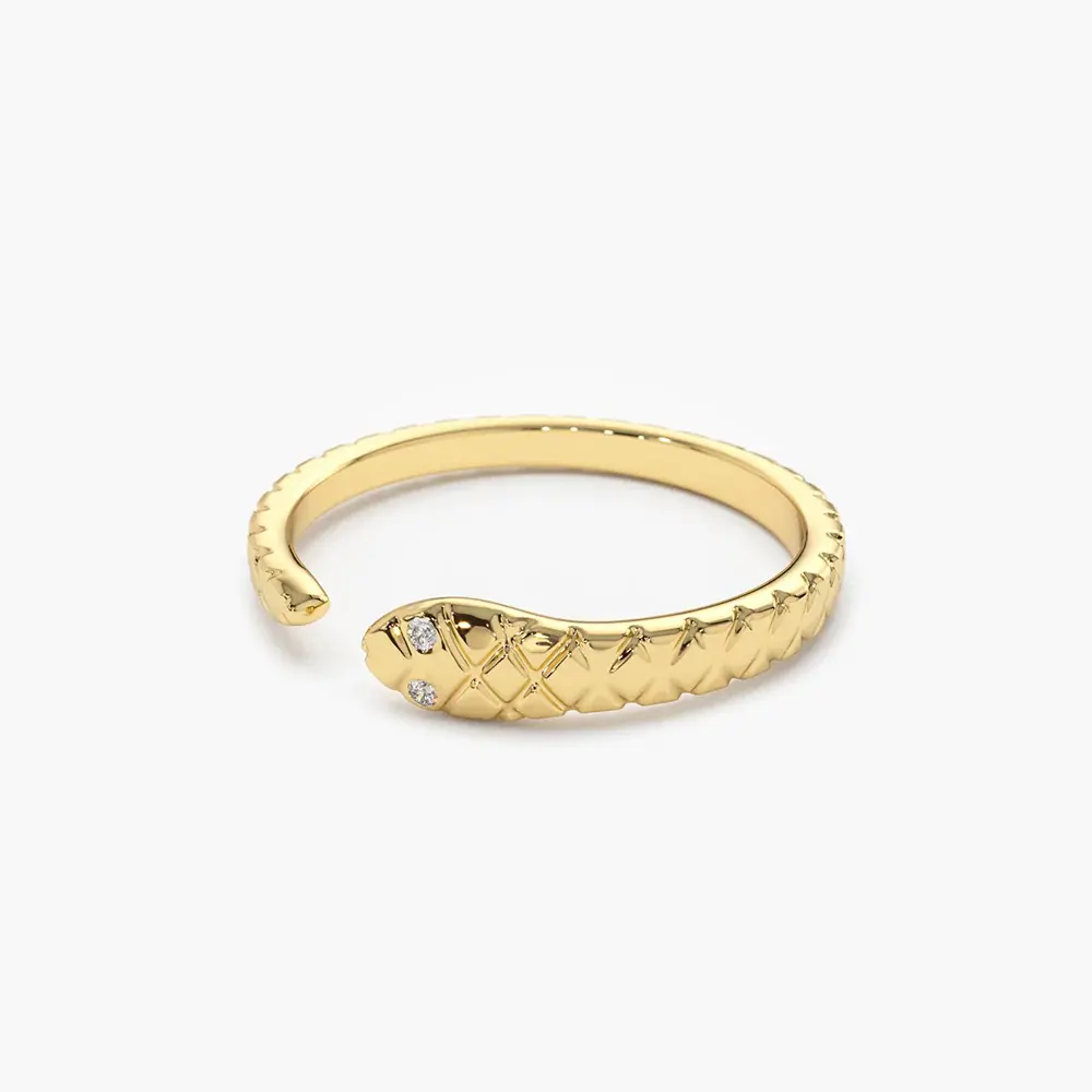 18K Solid Gold Snake Ring with Diamond Eyes