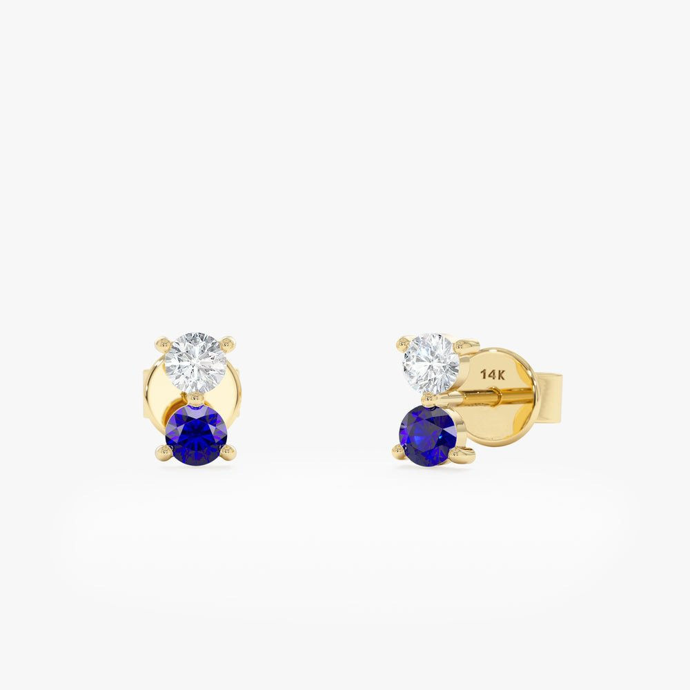 18K Solid Gold Sapphire & Diamond Stud Earrings