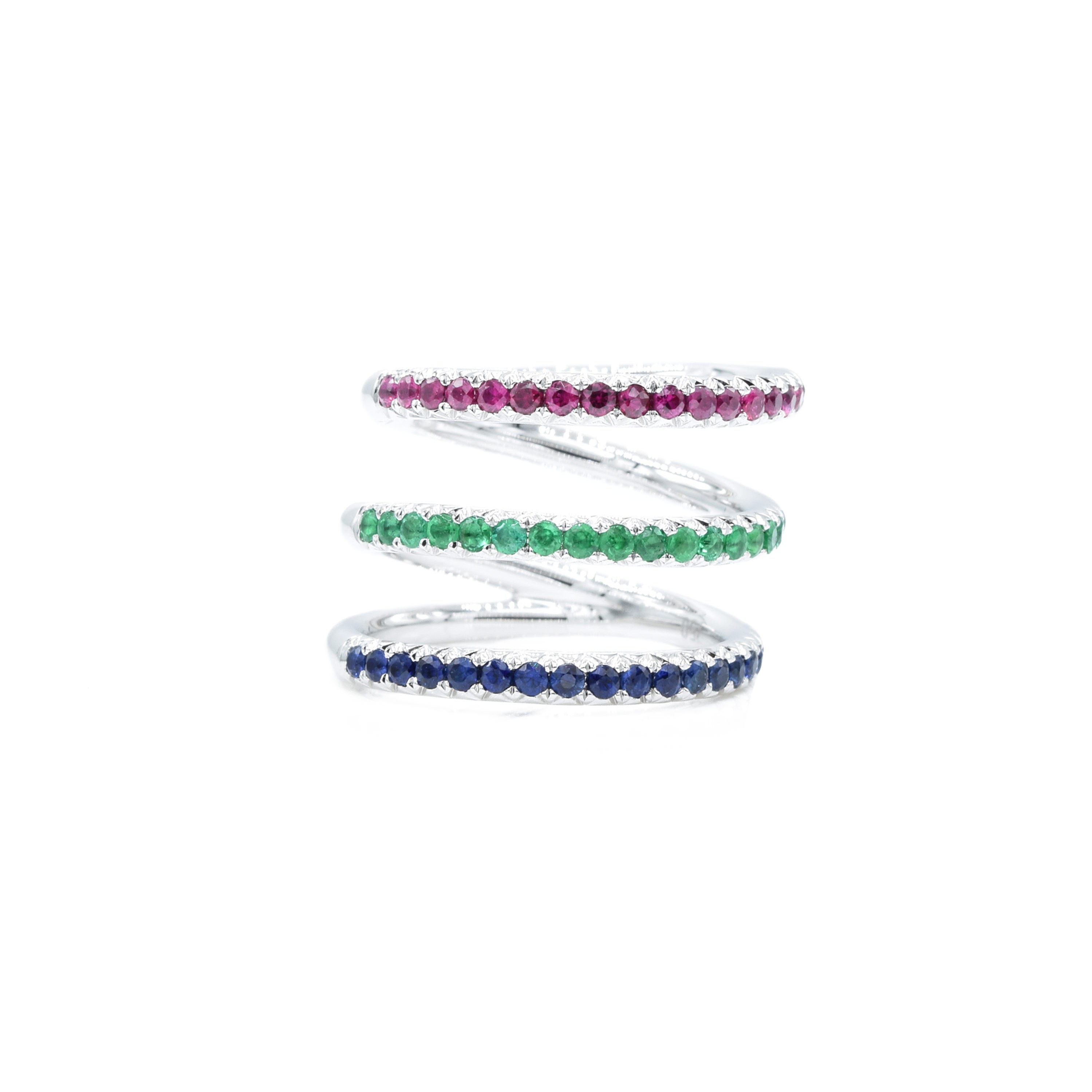 14k White Gold Ruby, Emerald, and Sapphire Triple Ring