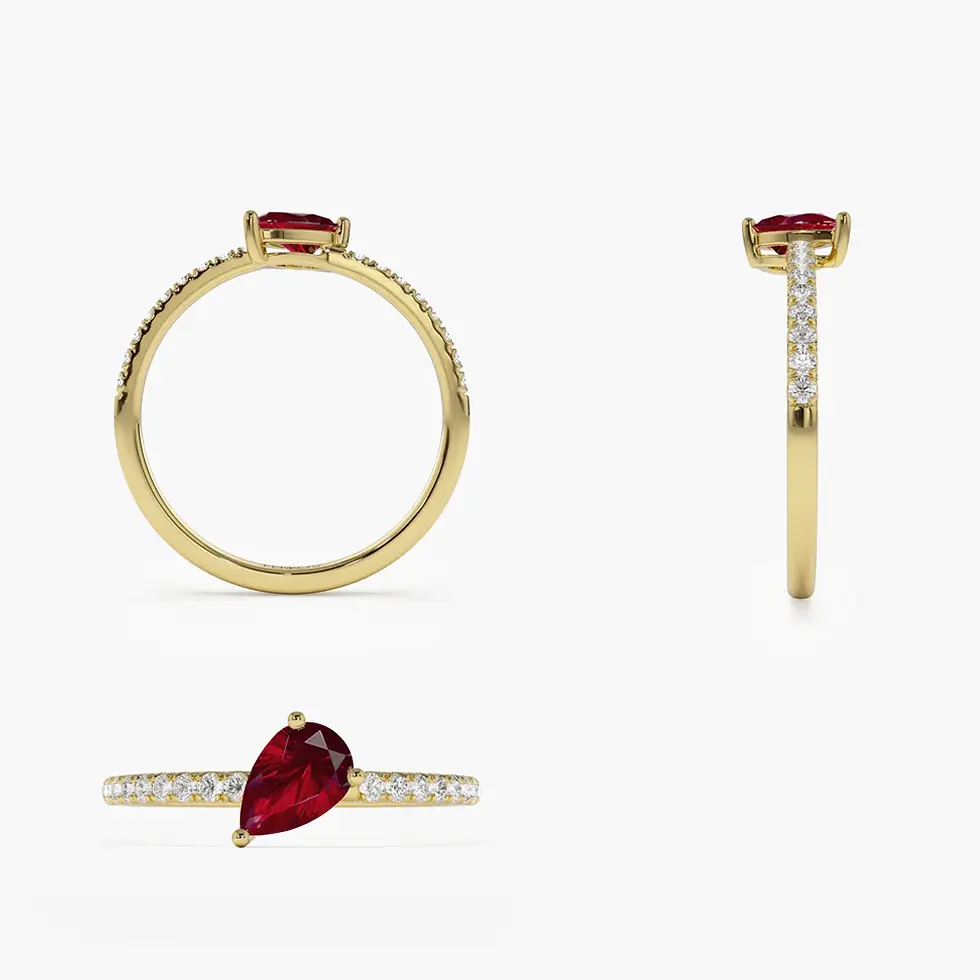 Thumbnail: Designer 18K Solid Gold Pear Shape Ruby Ring with Pave Diamond Details