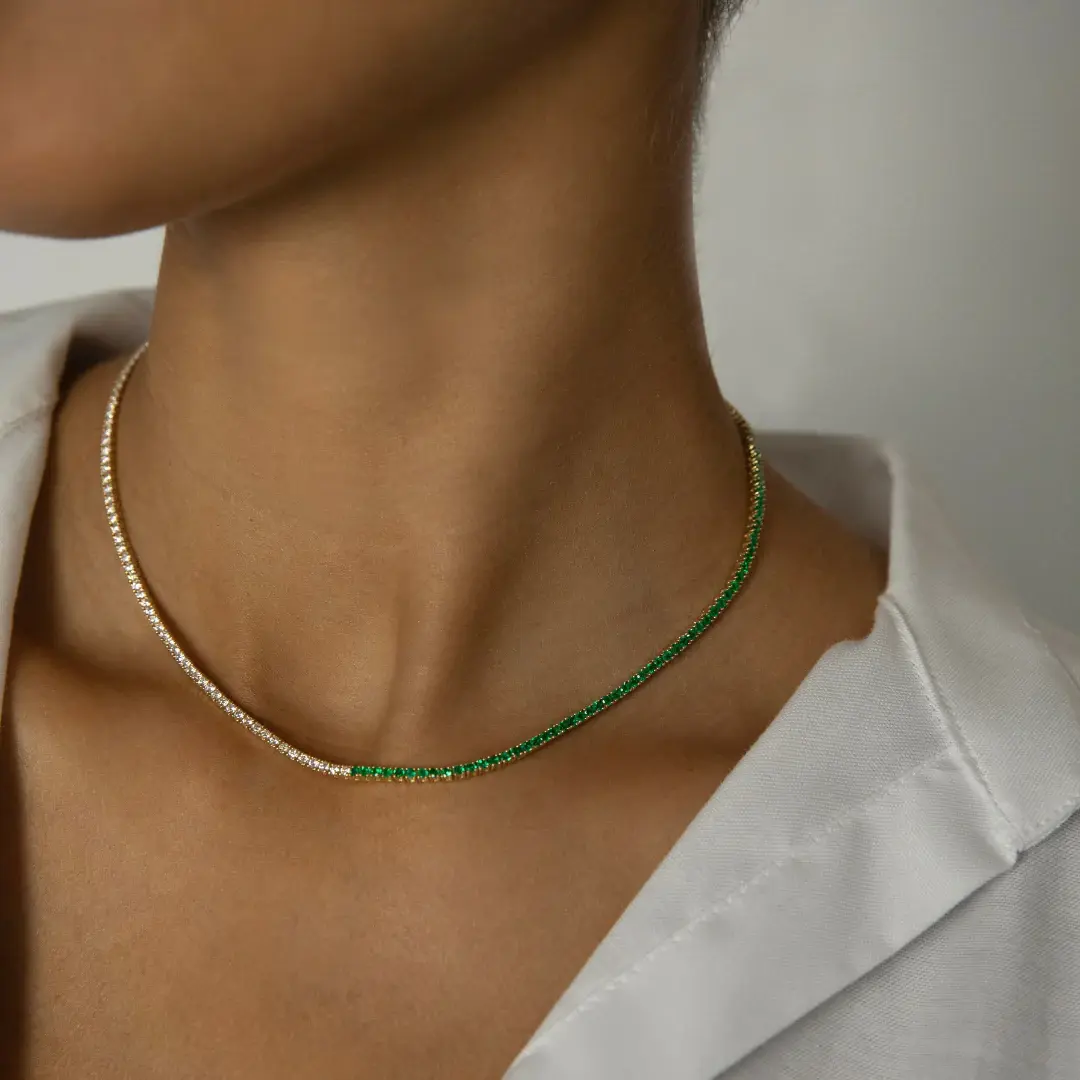 18K Solid Gold Emerald And Diamond Hepburn Choker