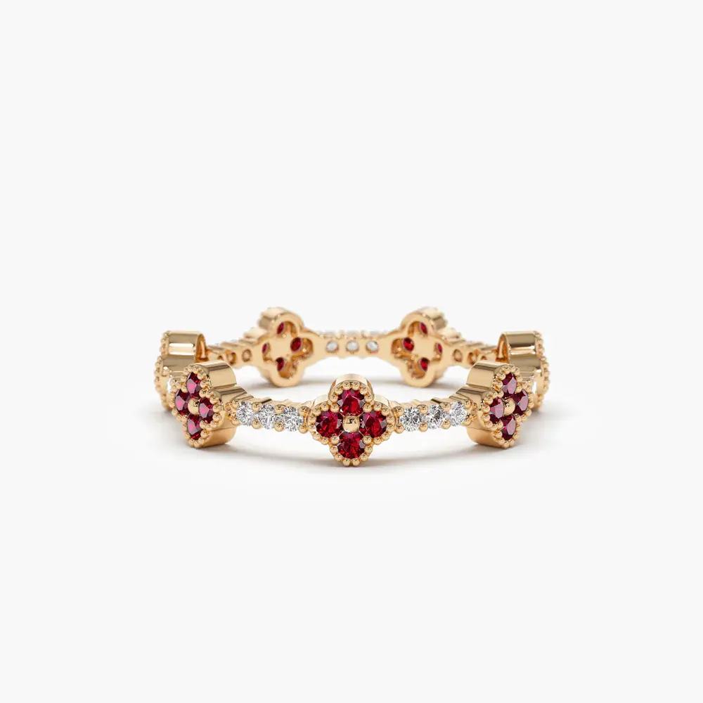 14K Solid Gold Full Eternity Clover Ruby and Diamond Ring