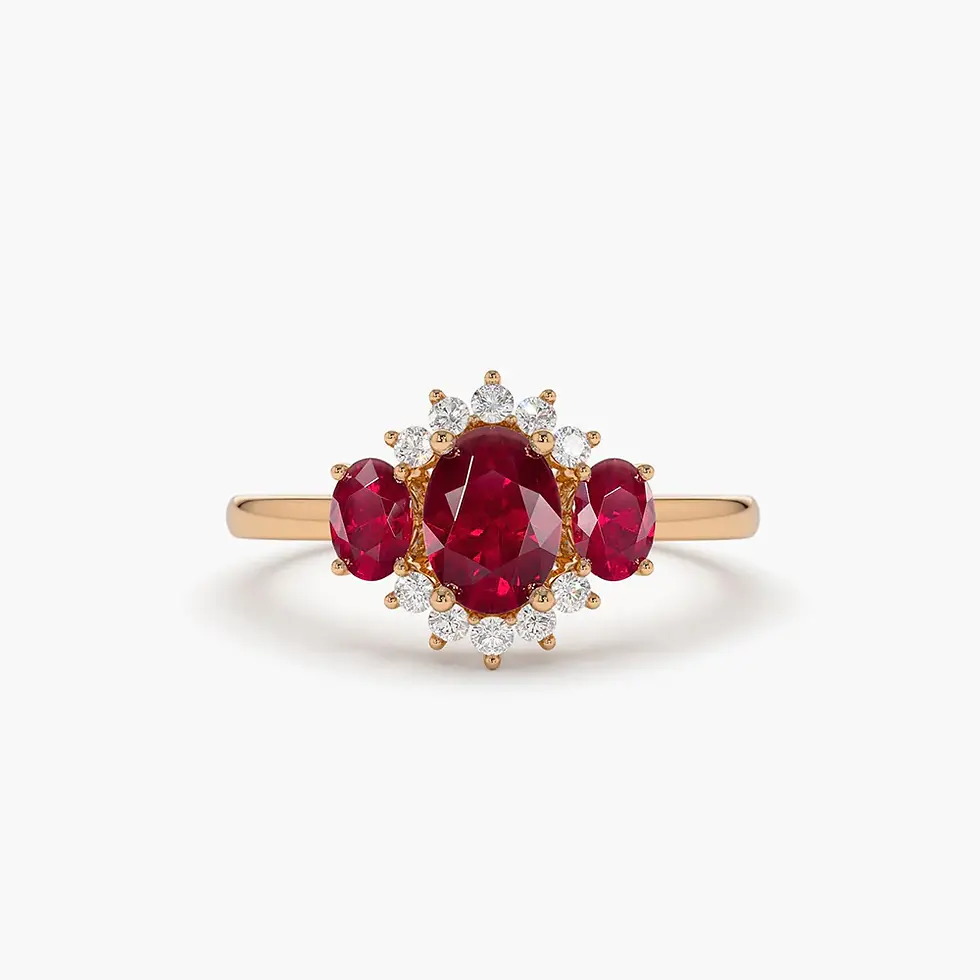 Thumbnail: Timeless 18K Solid Gold Three Stone Ruby Cluster Ring – Elegant Jewelry