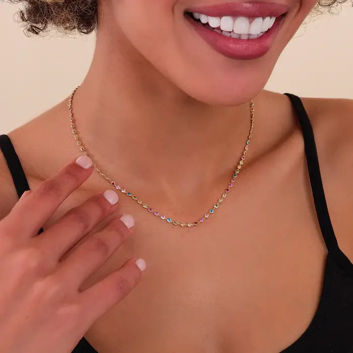 18K Solid Gold Rainbow Tennis Necklace