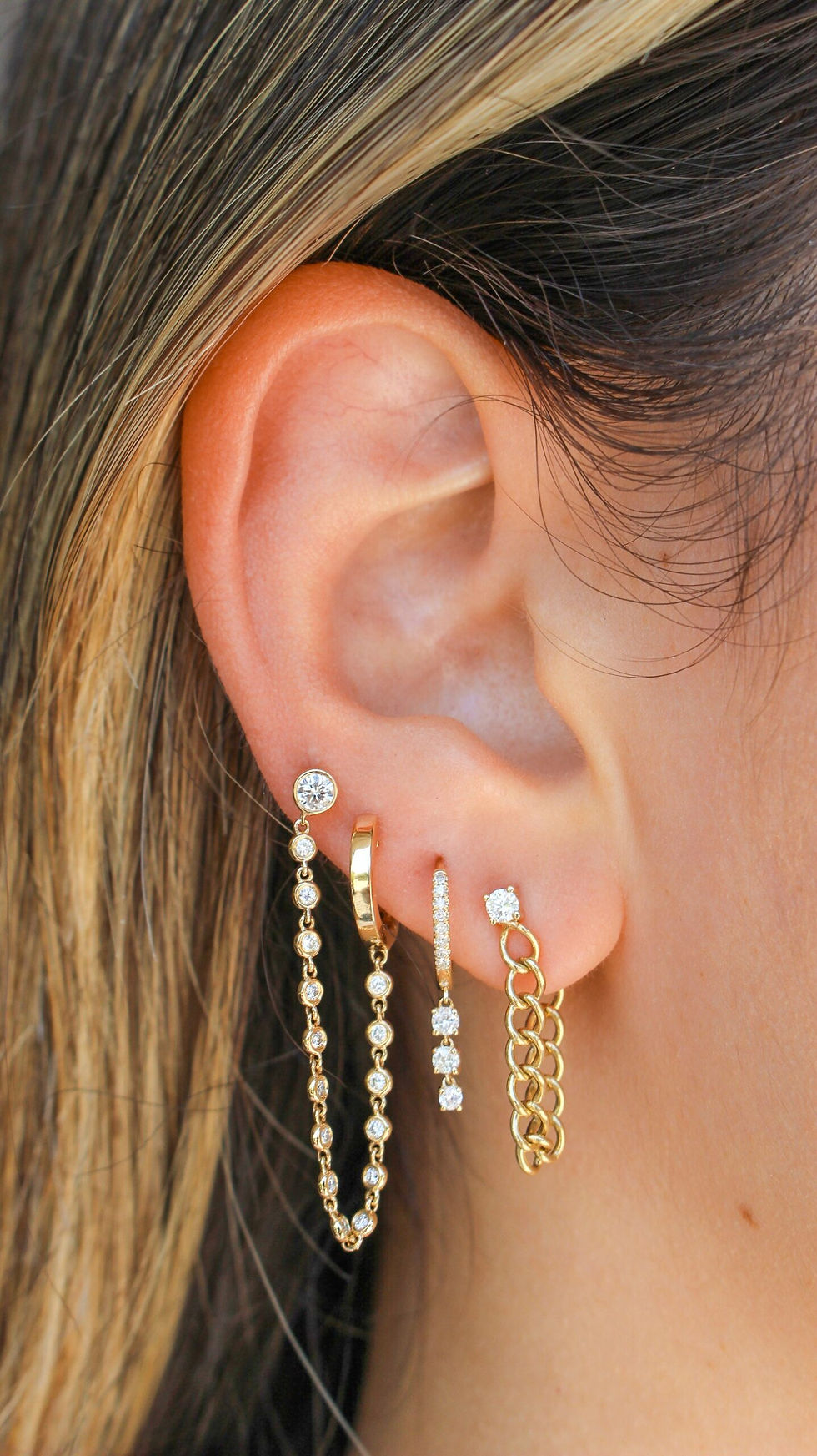 Elegant 18K Gold Bezel Diamond Hoop to Stud Connector Earring