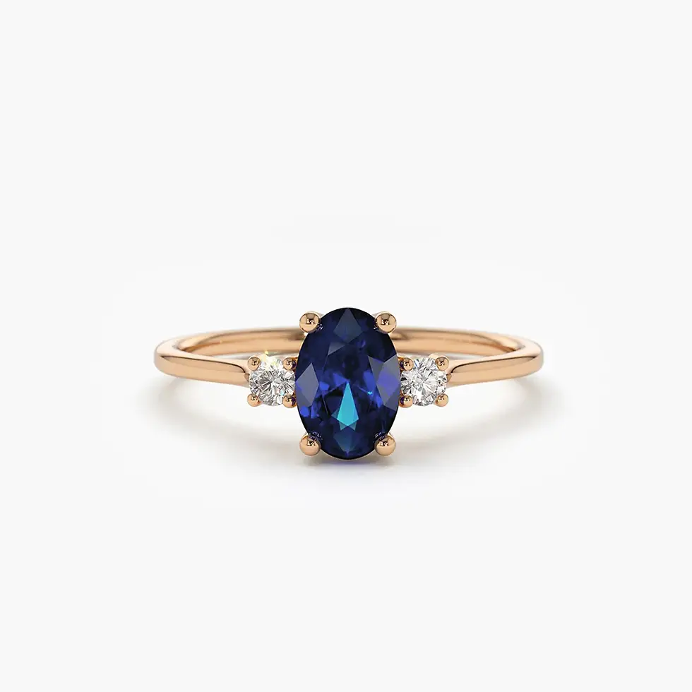 Thumbnail: 14K Solid Gold Oval Shape Sapphire and Diamond 3 Stone Ring