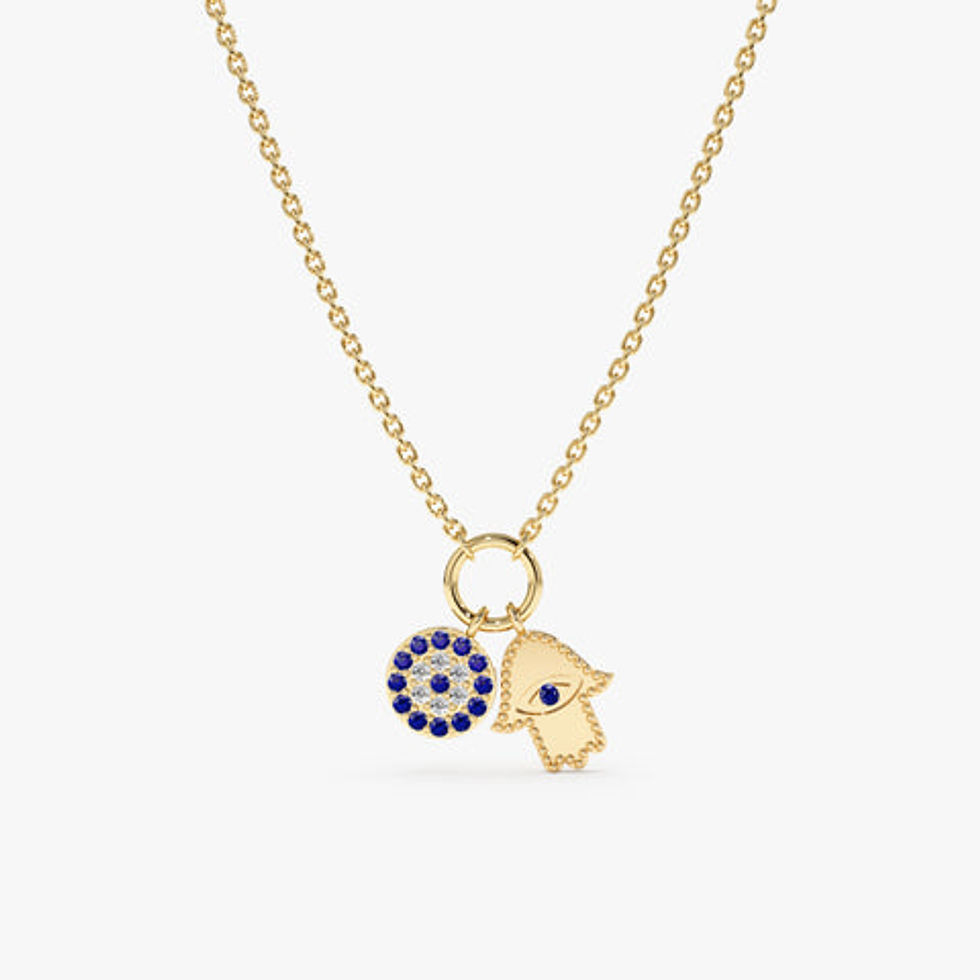 14K Solid Gold Evil Eye & Hamsa Charms Necklace