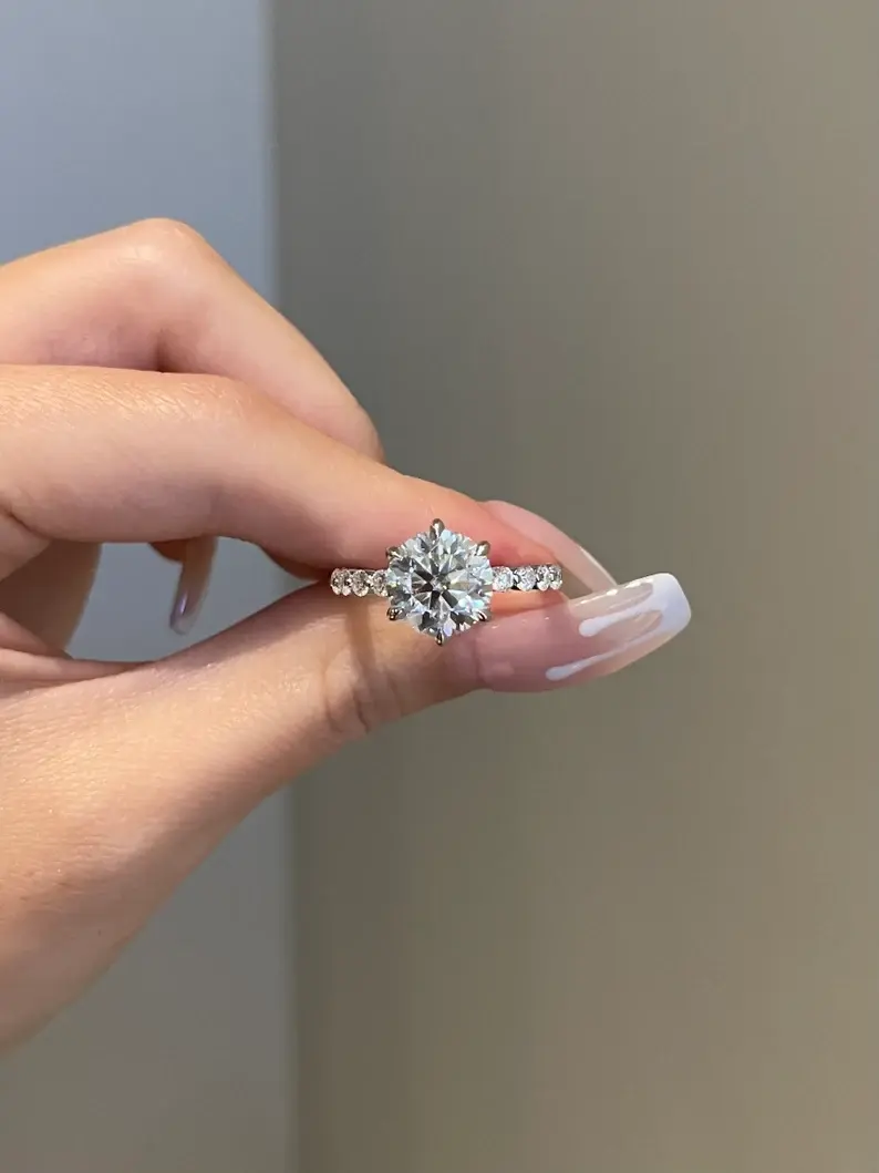 18K Solid Gold 3.5ct  Round Moissanite 6-Prong Channel Pave Engagement Ring