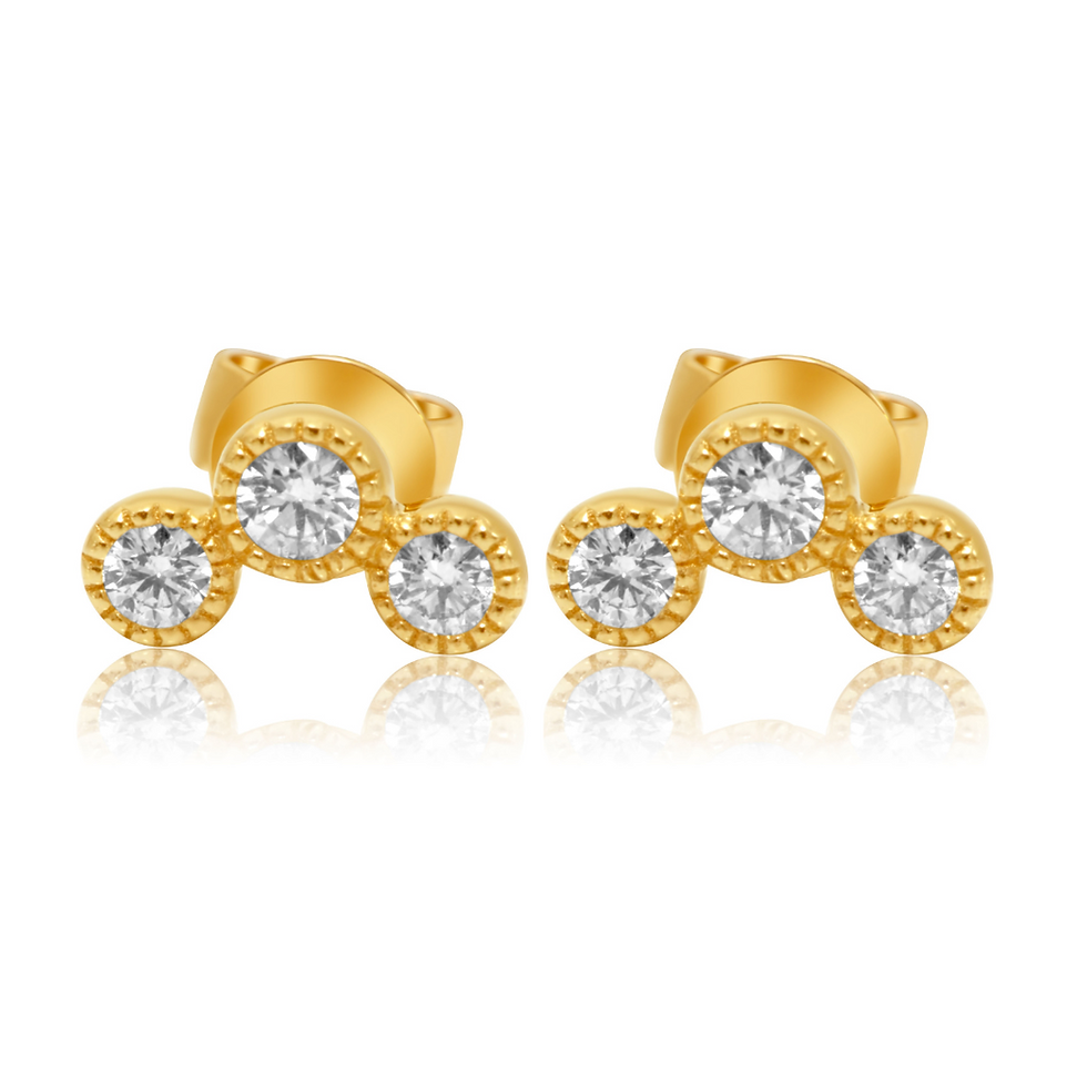 18K Solid Gold Diamond Trio Bezel Curve Earring