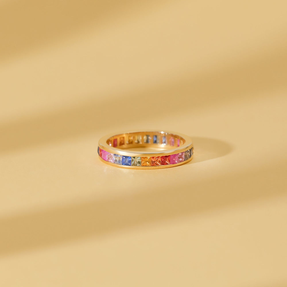 14K Solid Gold Rainbow Sapphire Eternity Ring