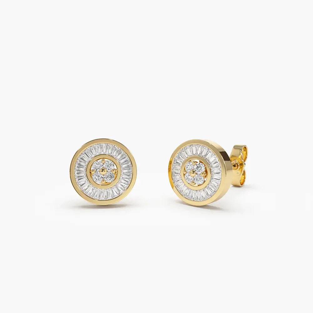 18K Solid Gold Baguette Diamond Channel Setting Disc Lab-Grown Diamond Studs