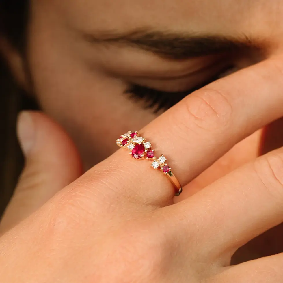 Ruby and Diamond Mixed Shape Cluster Ring