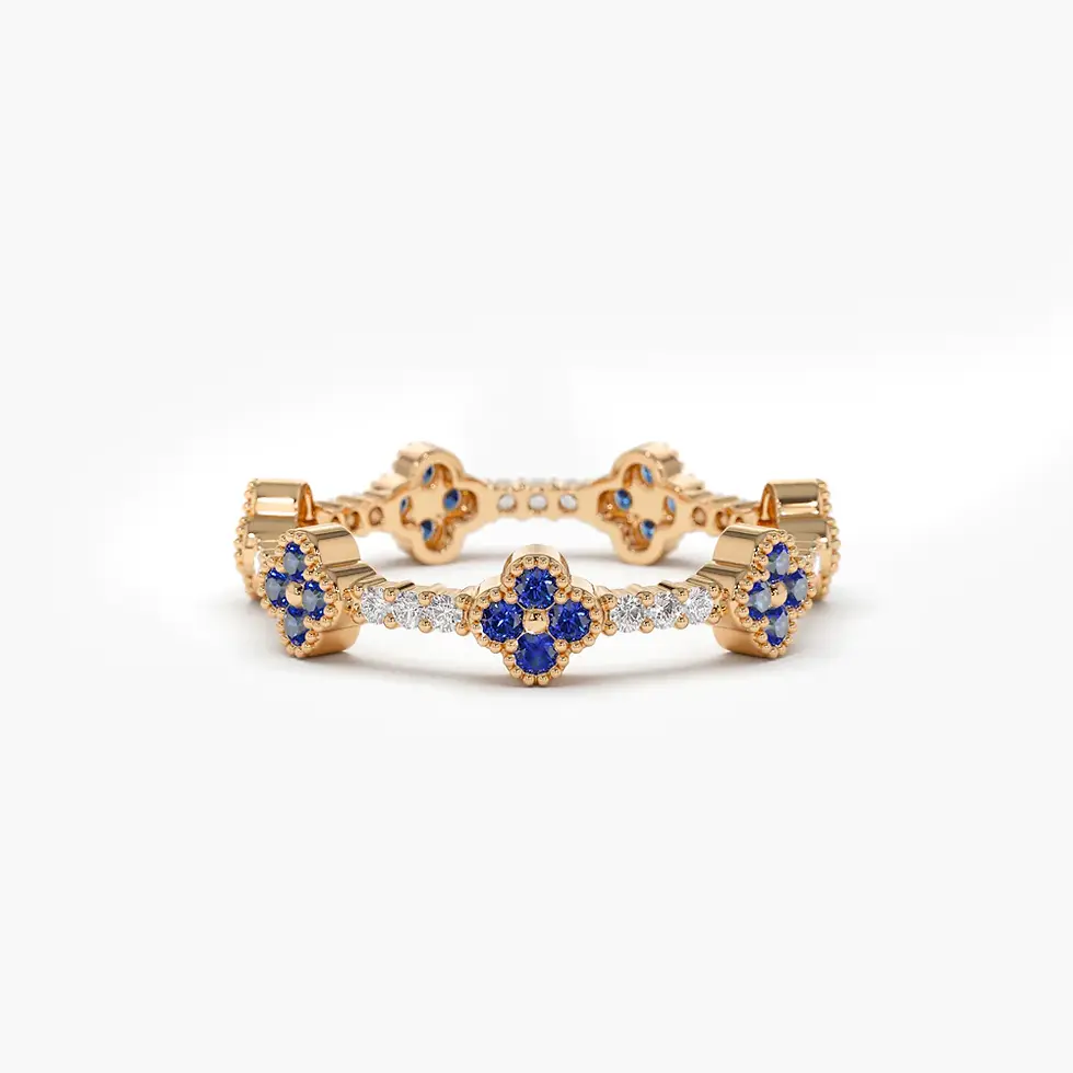 Thumbnail: 18K Solid Gold Clover-Design Full Eternity Sapphire Diamond Ring