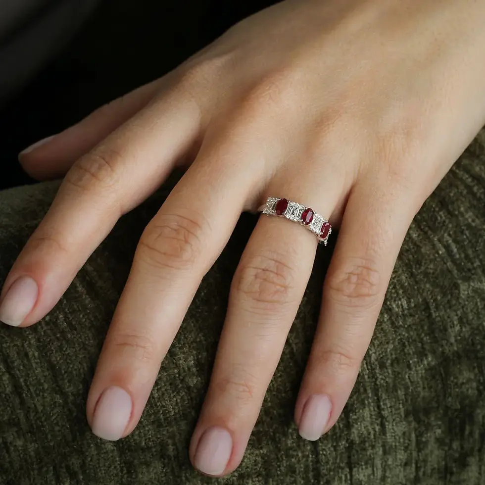 Thumbnail: 14K Solid Gold Baguette & Round Diamond with Genuine Ruby Ring