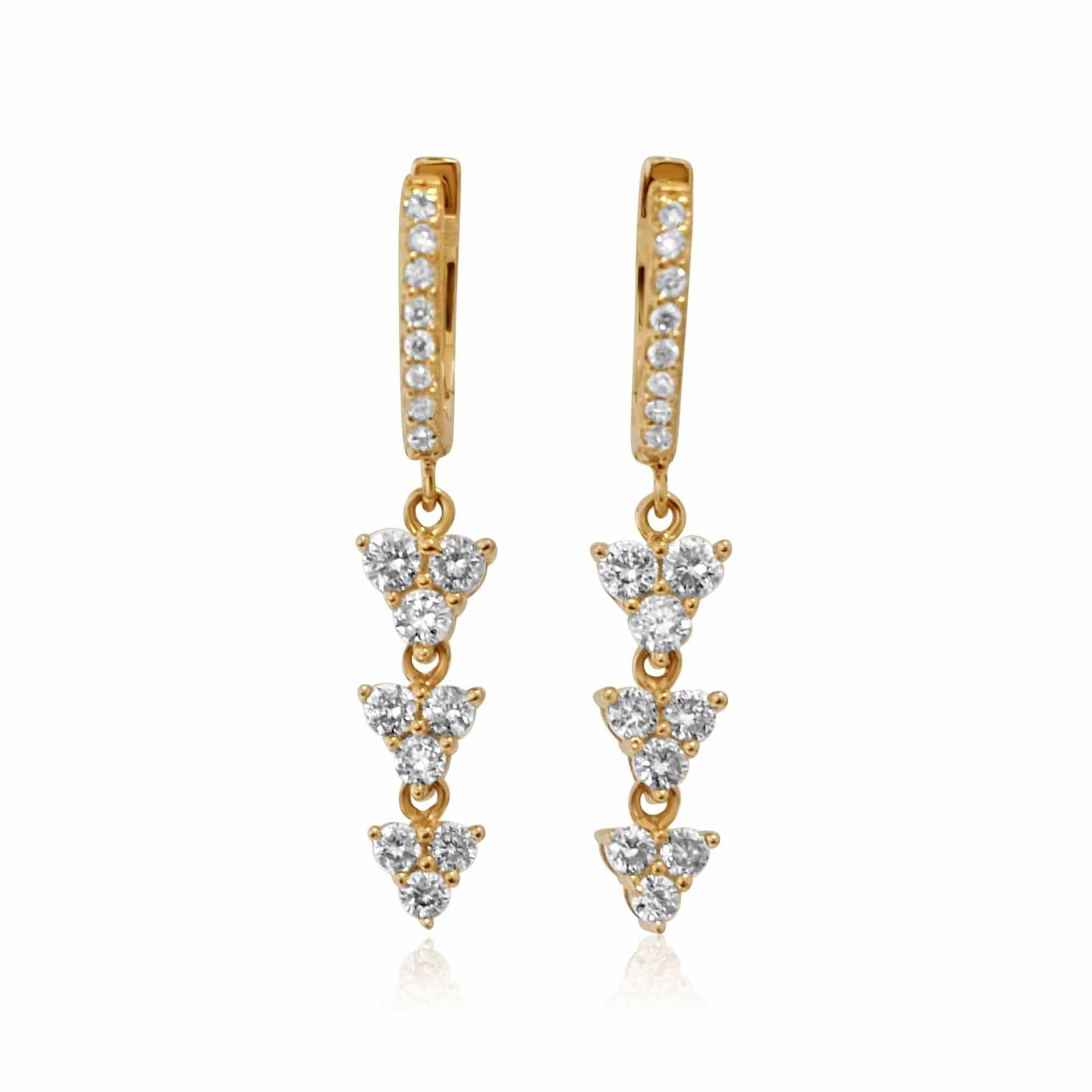 18K Solid Gold Diamond Large Trio Drop Hoop Earrings