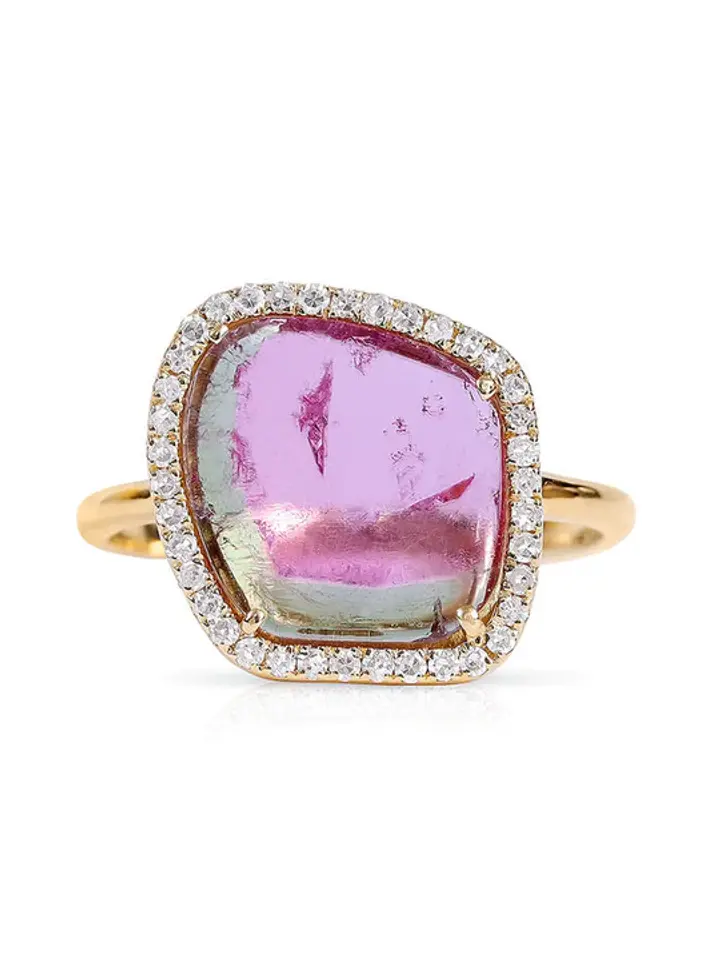 Sliced Warermelon Tourmaline Ring With Diamond