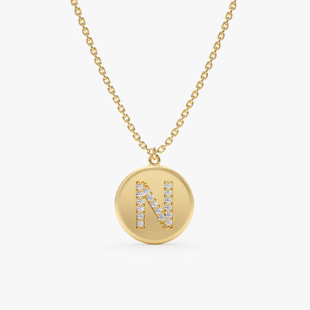 14K Solid Gold Custom Initial Diamond Coin Necklace