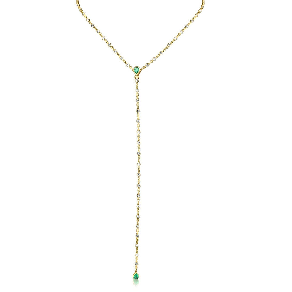 18K Solid Gold Two-in-One Diamond & Emerald Lariat Necklace