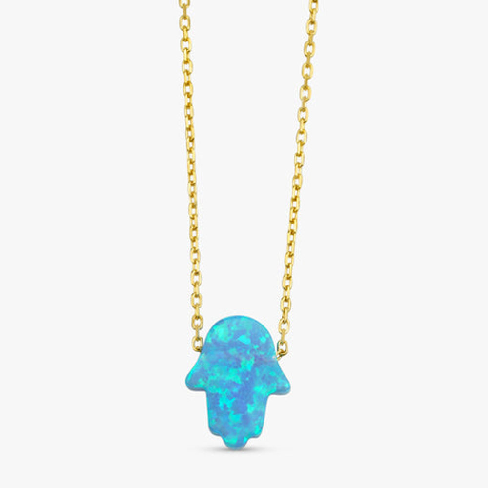 14K Solid Gold Blue Opal Hamsa Necklace