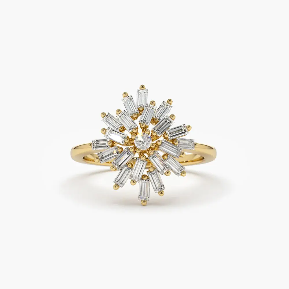 14K Solid Gold Ballerina Baguette Diamond Cluster Ring