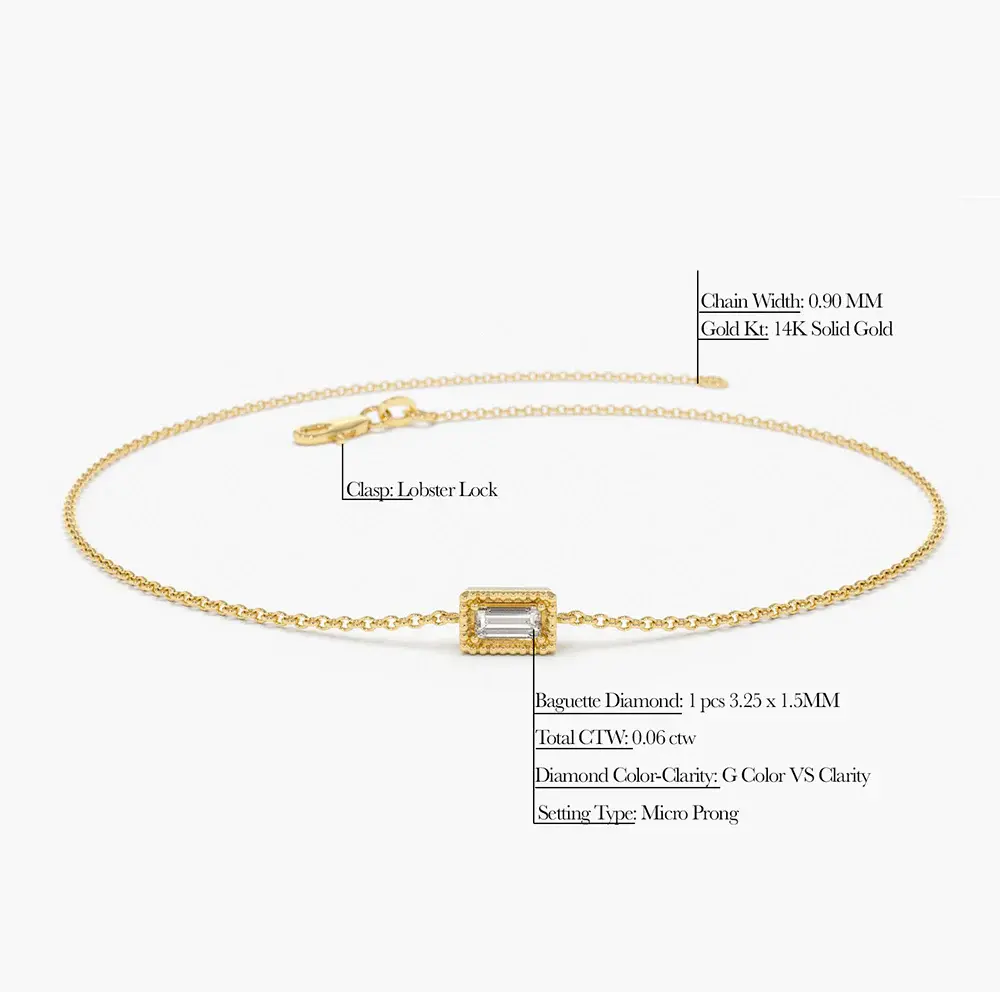 18K Solid  Gold Dainty Baguette Lab-Grown Diamond Bracelet