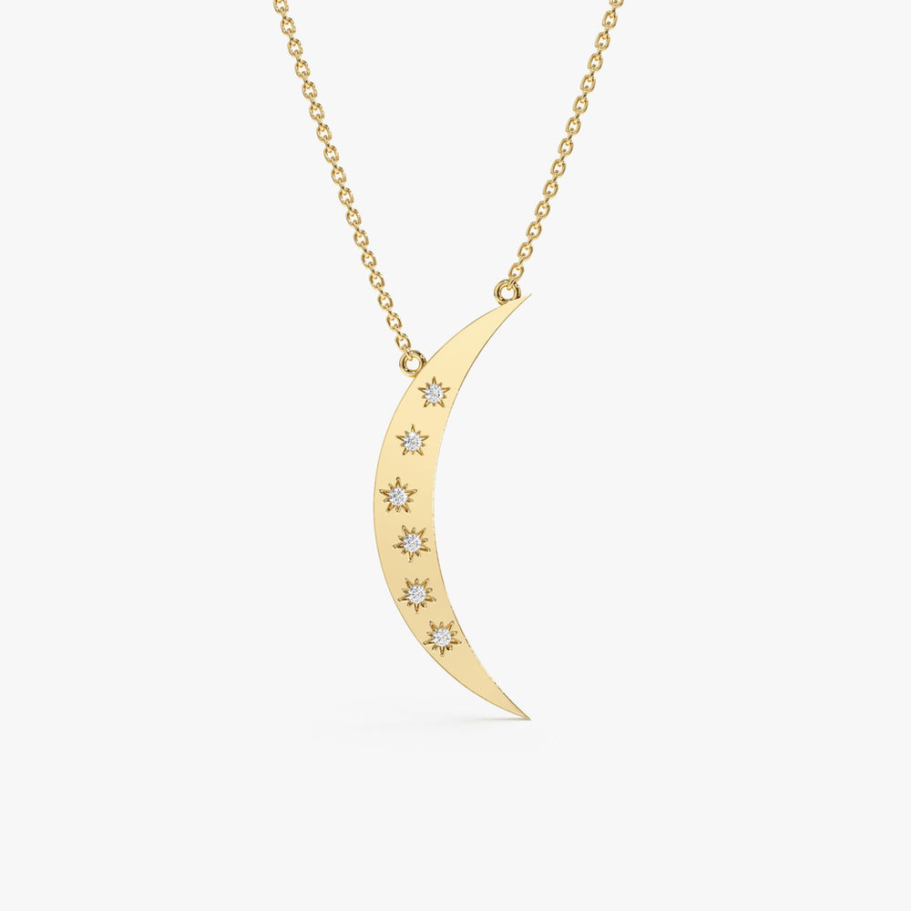 14K Solid Gold Star Studded Crescent Necklace